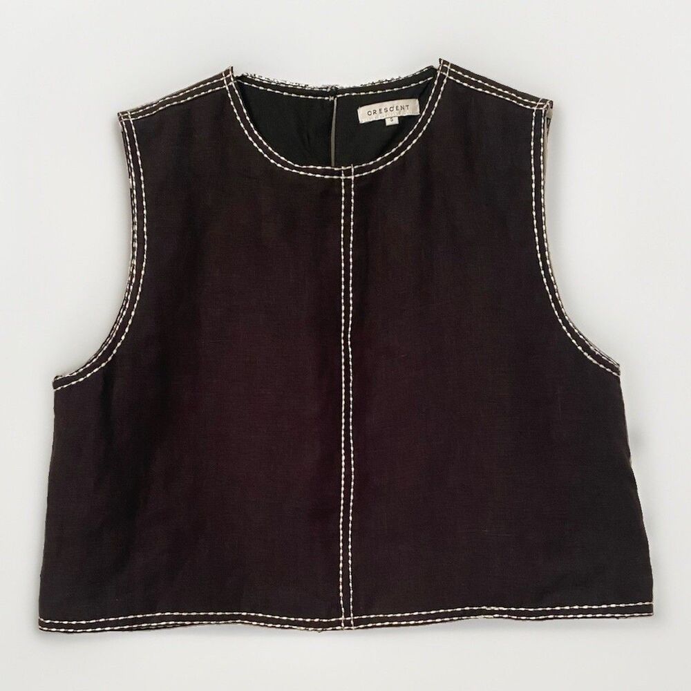 Crescent Linen Crop Top Black Sz S Black White Embroidered Contrast Stitch $105